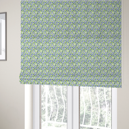 The fabric used to create these Roman blinds is a white fabric featuring a vibrant, repeating pattern of tennis rackets and tennis balls.