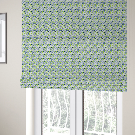 The fabric used to create these Roman blinds is a white fabric featuring a vibrant, repeating pattern of tennis rackets and tennis balls.
