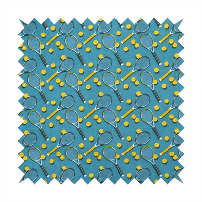 a cool medium-blue fabric featuring a structured, repeating tennis pattern.