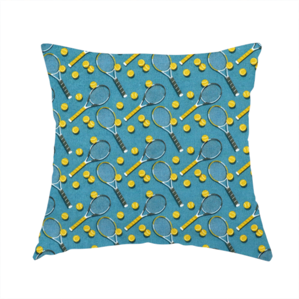 The fabric used to create this handmade cushion is a  cool medium-blue fabric featuring a structured, repeating tennis pattern.
