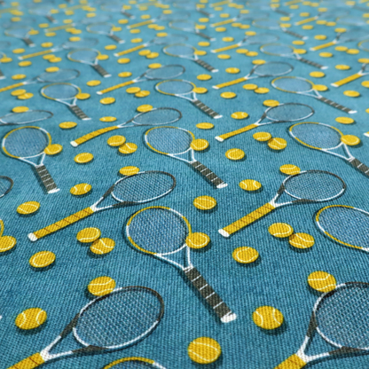 a cool medium-blue fabric featuring a structured, repeating tennis pattern.