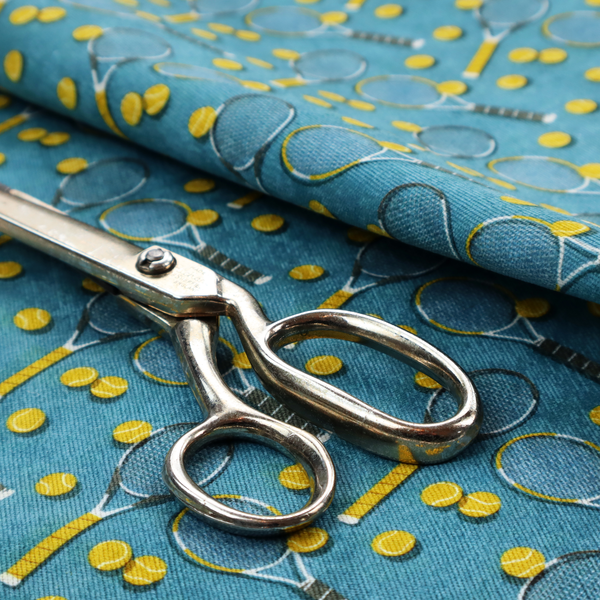 a cool medium-blue fabric featuring a structured, repeating tennis pattern.
