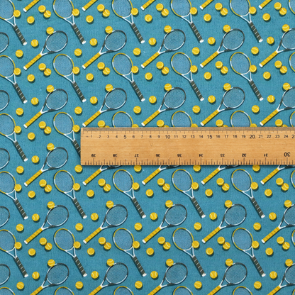 a cool medium-blue fabric featuring a structured, repeating tennis pattern.