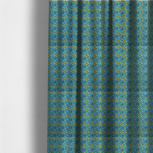 The fabric used to create these made-to-measure curtains is a cool medium-blue fabric featuring a structured, repeating tennis pattern.