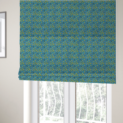 The fabric used to create these Roman blinds is a cool medium-blue fabric featuring a structured, repeating tennis pattern.