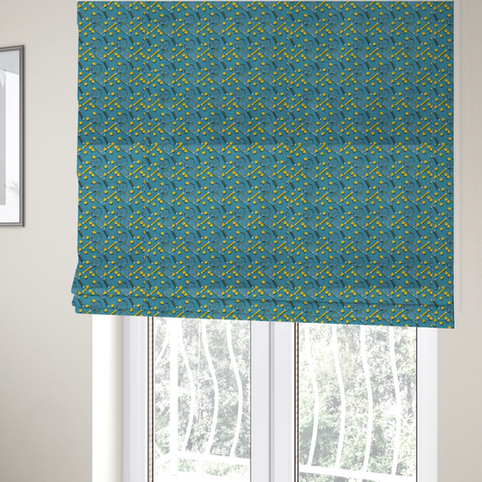 The fabric used to create these Roman blinds is a cool medium-blue fabric featuring a structured, repeating tennis pattern.