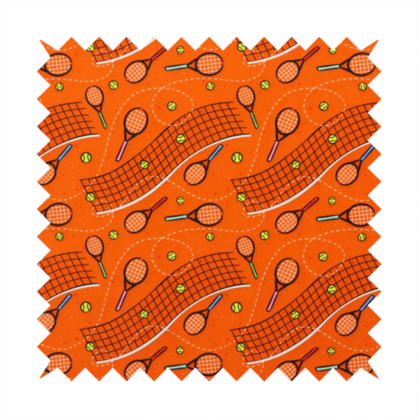 a vibrant burnt orange fabric featuring a dynamic, repeating tennis-themed pattern.