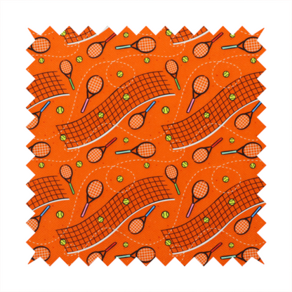 a vibrant burnt orange fabric featuring a dynamic, repeating tennis-themed pattern.