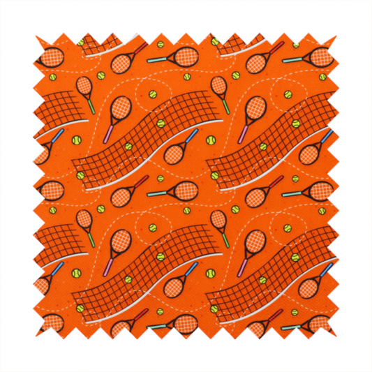 a vibrant burnt orange fabric featuring a dynamic, repeating tennis-themed pattern.