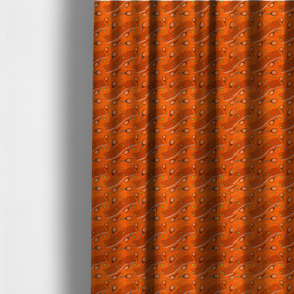 The fabric used to create these made-to-measure curtains is a vibrant burnt orange fabric featuring a dynamic, repeating tennis-themed pattern.