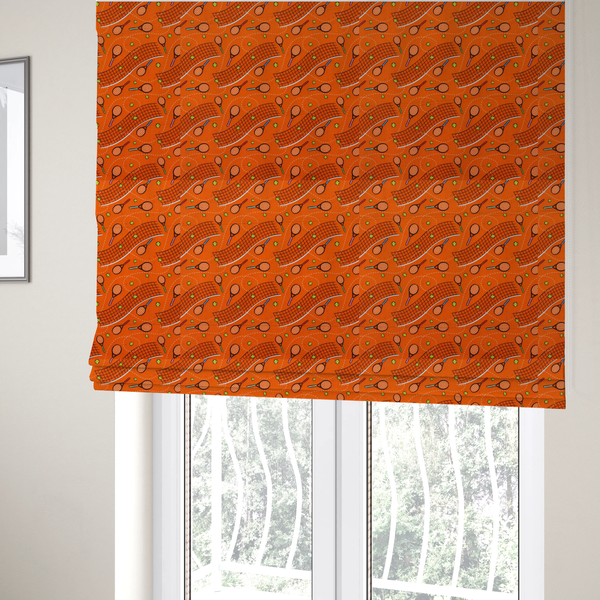 The fabric used to create these Roman blinds is a vibrant burnt orange fabric featuring a dynamic, repeating tennis-themed pattern.