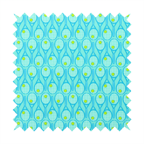 A bright turquoise fabric featuring a structured, repeating tennis pattern.