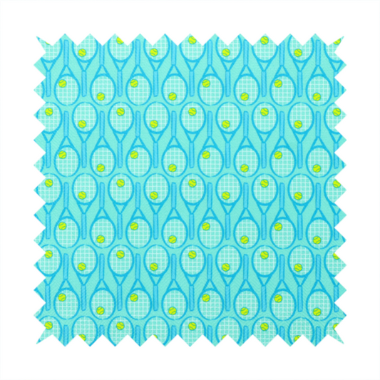 A bright turquoise fabric featuring a structured, repeating tennis pattern.