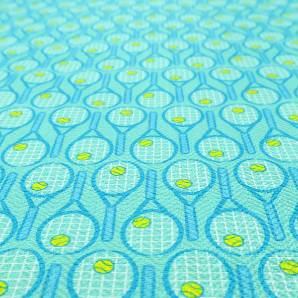 A bright turquoise fabric featuring a structured, repeating tennis pattern.