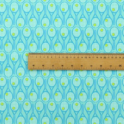 A bright turquoise fabric featuring a structured, repeating tennis pattern.