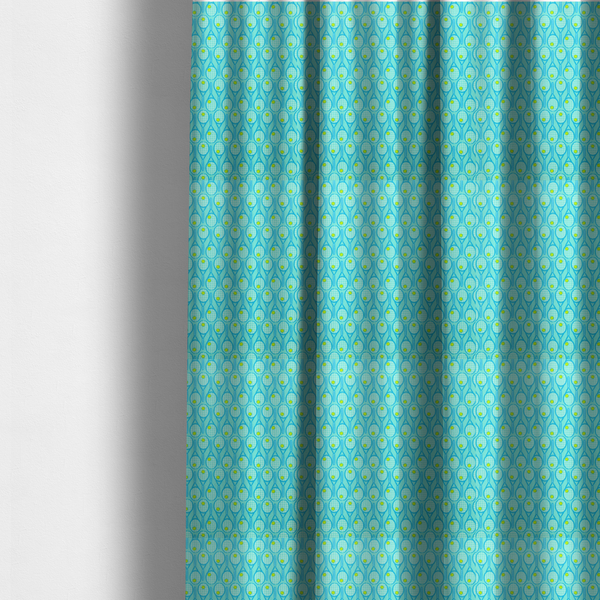 The fabric used to create these made-to-measure curtains is a bright turquoise fabric featuring a structured, repeating tennis pattern.