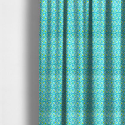 The fabric used to create these made-to-measure curtains is a bright turquoise fabric featuring a structured, repeating tennis pattern.