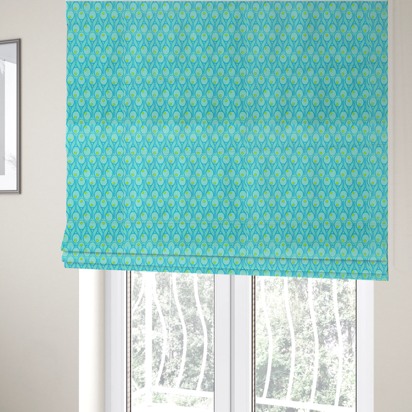 The fabric used to create these Roman blinds is a bright turquoise fabric featuring a structured, repeating tennis pattern.