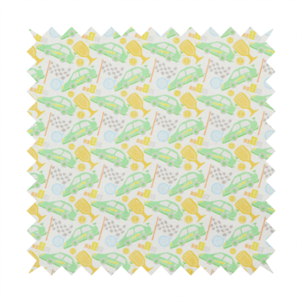 A soft white fabric featuring a charming, repeating racing-themed pattern in a pastel colour palette.