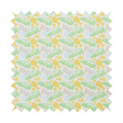 A soft white fabric featuring a charming, repeating racing-themed pattern in a pastel colour palette.