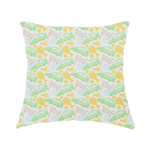 The fabric used to create this handmade cushion is a soft white fabric featuring a charming, repeating racing-themed pattern in a pastel colour palette.