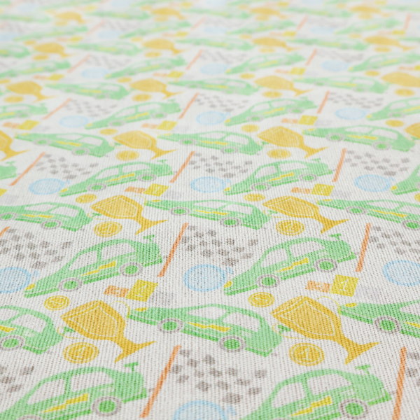 A soft white fabric featuring a charming, repeating racing-themed pattern in a pastel colour palette.