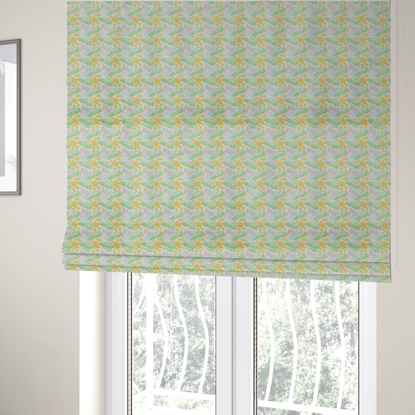 The fabric used to create these Roman blinds is a soft white fabric featuring a charming, repeating racing-themed pattern in a pastel colour palette.