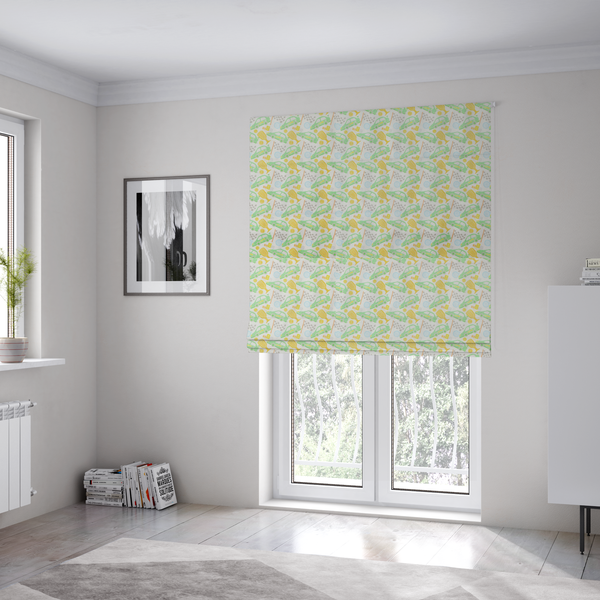 The fabric used to create these Roman blinds is a soft white fabric featuring a charming, repeating racing-themed pattern in a pastel colour palette.
