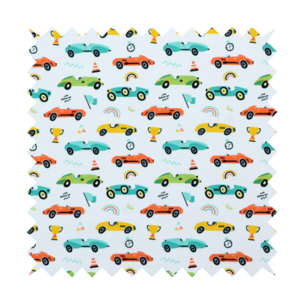 A fabric featuring a whimsical, repeating pattern of vintage-style racing cars and track accessories.