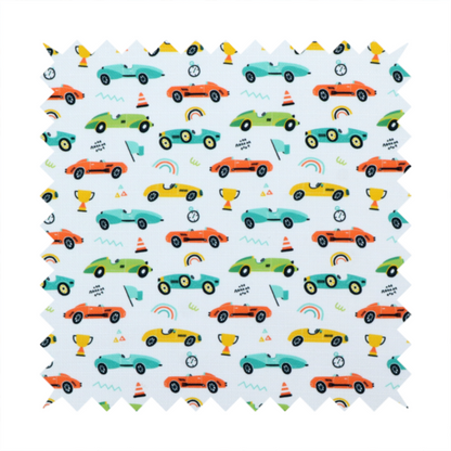 A fabric featuring a whimsical, repeating pattern of vintage-style racing cars and track accessories.
