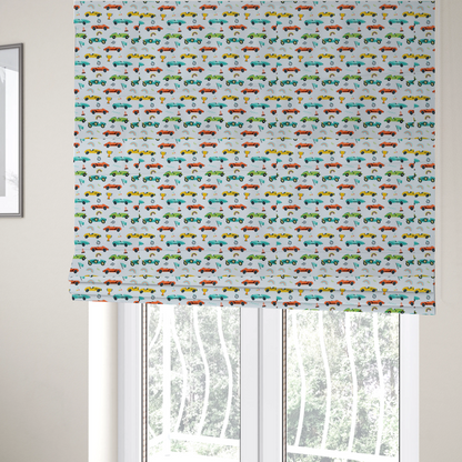 The fabric used to create these Roman blinds is a fabric featuring a whimsical, repeating pattern of vintage-style racing cars and track accessories.