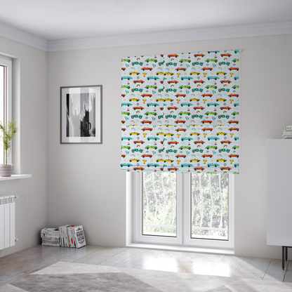 The fabric used to create these Roman blinds is a fabric featuring a whimsical, repeating pattern of vintage-style racing cars and track accessories.
