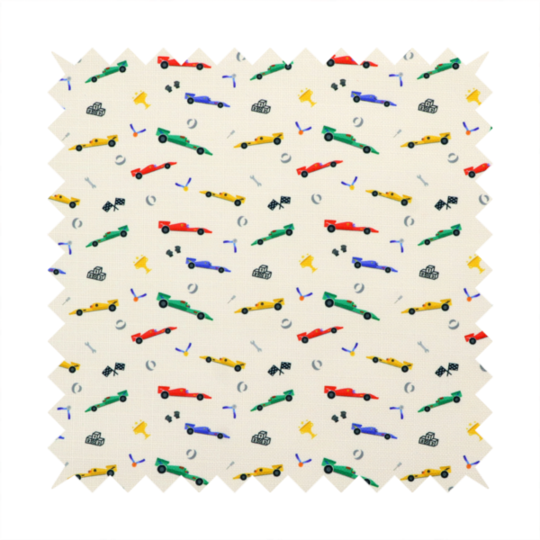 A cream-coloured fabric featuring a detailed, repeating pattern of Formula 1-style racing cars and track elements.