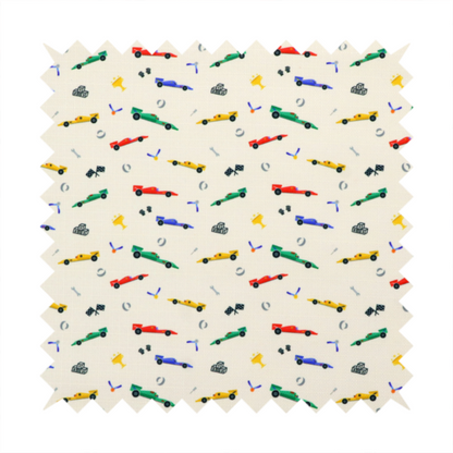 A cream-coloured fabric featuring a detailed, repeating pattern of Formula 1-style racing cars and track elements.