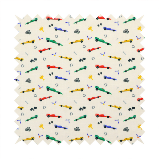 A cream-coloured fabric featuring a detailed, repeating pattern of Formula 1-style racing cars and track elements.