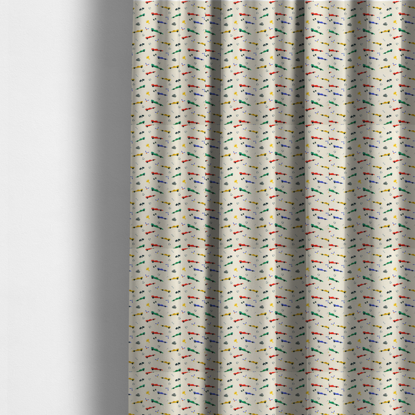 The fabric used to create these made-to-measure curtains is a cream-coloured fabric featuring a detailed, repeating pattern of Formula 1-style racing cars and track elements.