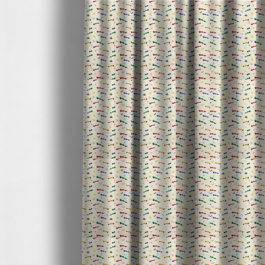 The fabric used to create these made-to-measure curtains is a cream-coloured fabric featuring a detailed, repeating pattern of Formula 1-style racing cars and track elements.