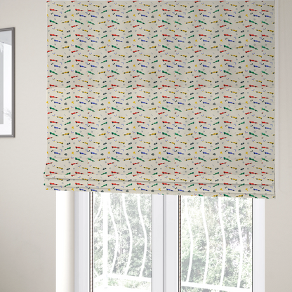 The fabric used to create these Roman blinds is a cream-coloured fabric featuring a detailed, repeating pattern of Formula 1-style racing cars and track elements.