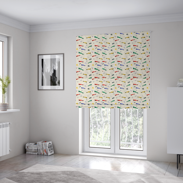 The fabric used to create these Roman blinds is a cream-coloured fabric featuring a detailed, repeating pattern of Formula 1-style racing cars and track elements.