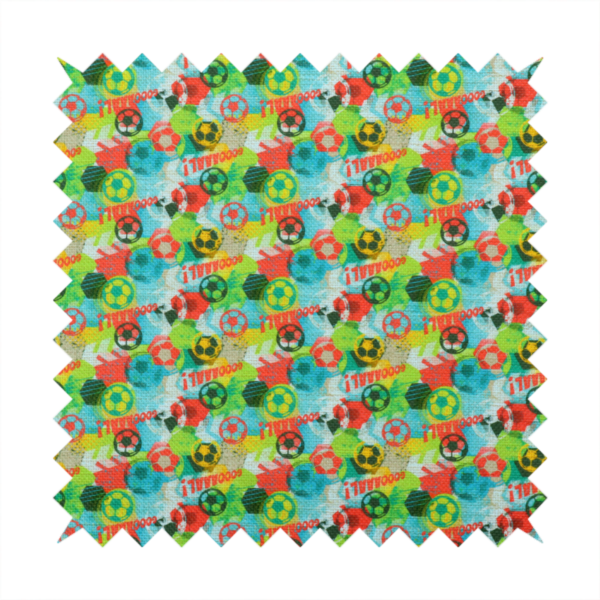 A highly energetic and colourful fabric featuring a soccer-themed graffiti pattern.