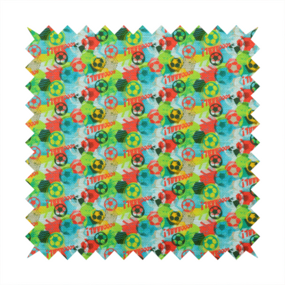 A highly energetic and colourful fabric featuring a soccer-themed graffiti pattern.