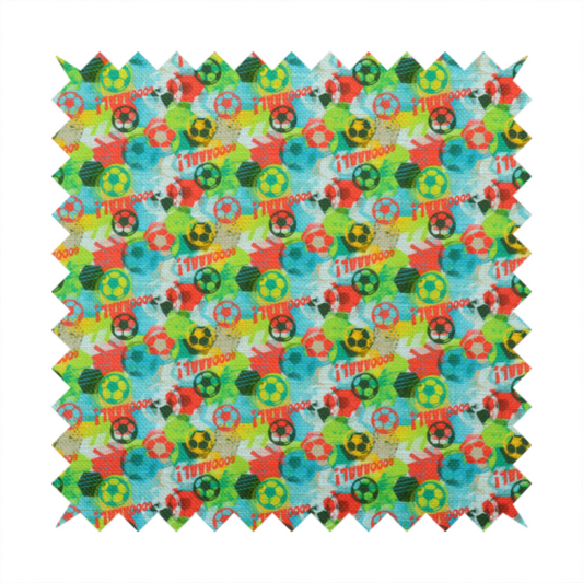 A highly energetic and colourful fabric featuring a soccer-themed graffiti pattern.