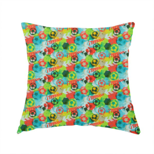 The fabric used to create this handmade cushion is a highly energetic and colourful fabric featuring a soccer-themed graffiti pattern.