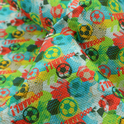 A highly energetic and colourful fabric featuring a soccer-themed graffiti pattern.