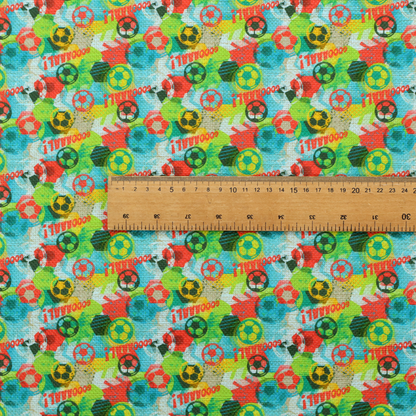 A highly energetic and colourful fabric featuring a soccer-themed graffiti pattern.