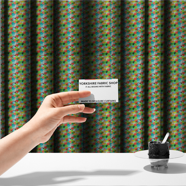 The fabric used to create these made-to-measure curtains is a highly energetic and colourful fabric featuring a soccer-themed graffiti pattern.