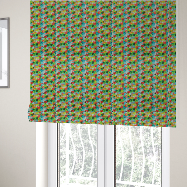 The fabric used to create these Roman blinds is a highly energetic and colourful fabric featuring a soccer-themed graffiti pattern.