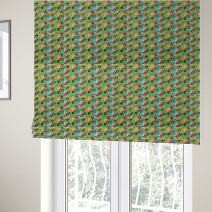 The fabric used to create these Roman blinds is a highly energetic and colourful fabric featuring a soccer-themed graffiti pattern.