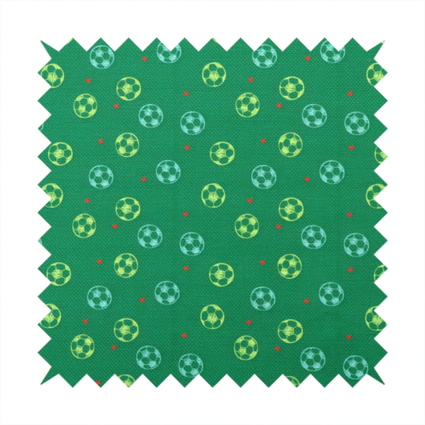 a rich emerald green fabric featuring a playful, repeating soccer and stars pattern.