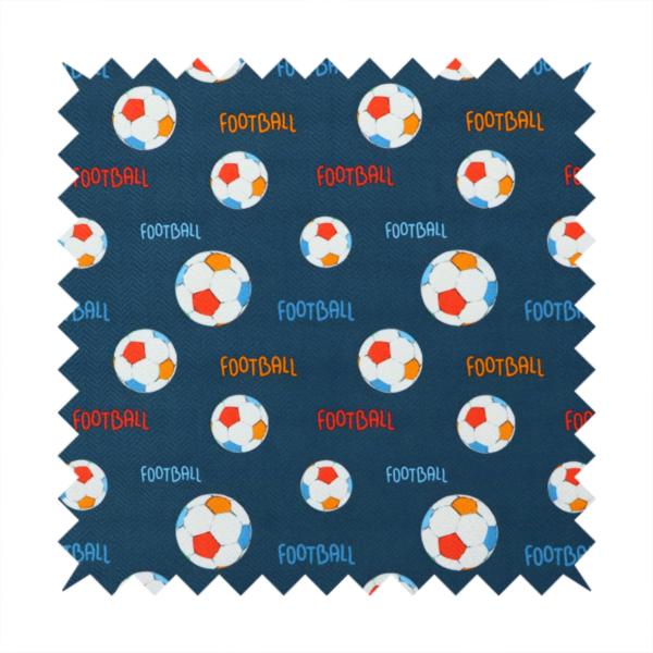 A deep navy blue fabric featuring a lively, repeating soccer-themed pattern.